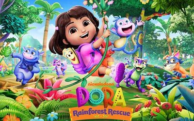 Dora und ihr Affe im Regenwald im Spiel "Dora™: Regenwald in Gefahr"; Bild: Outrights Games Dora und ihr Affe schwingen mit einer Liane.