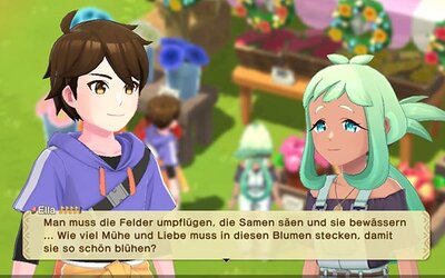 Figuren unterhalten sich im Spiel "Harvest Moon®: Home Sweet Home Special Edition"; Bild: Natsume Inc. Ein Junge und eine Frau unterhalten sich über Blumen.