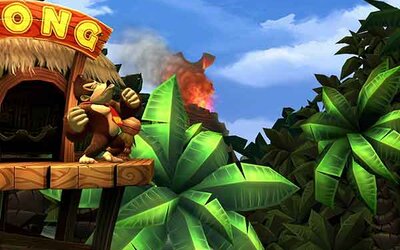 Donkey Kong schlägt die Fäuste gegen seine Brust und ruft in den Dschungel im Spiel "Donkey Kong Country Returns HD"; Bild: Nintendo Donkey Kong steht auf einer erhöhten Plattform und schlägt die Fäuste gegen die Brust, während er in den Dschungel im Hintergund ruft. Spiel: "Donkey Kong Country Returns HD"; Bild: Nintendo
