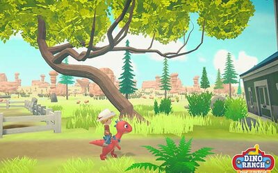 Ein Junge reitet auf einem Dino im Spiel "Dino Ranch – Rettungsaktion"; Bild: Microids Ein Junge reitet auf einem Dino im Spiel "Dino Ranch – Rettungsaktion"; Bild: Microids