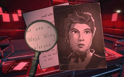 Hinweise suchen im Spiel "Blue Prince"; Bild: Raw Fury Notiz und Foto einer Figur wird mit einer Lupe angeschaut.