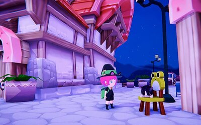 Die Hexe Mika steht vor einem großen Haus im Spiel "Mika and the Witch's Mountain"; Bild: Chibig Die Hexe Mika steht neben einer Katze, die auf einem Stuhl liegt.