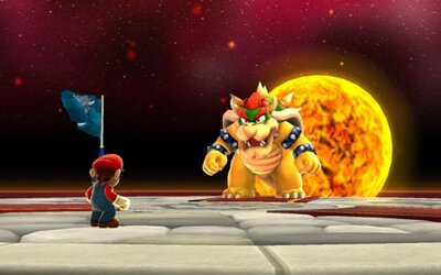 Mario und Bowser im Spiel "Super Mario Galaxy & Super Mario Galaxy 2"; Bild: Nintendo Mario kämpft gegen Bowser.