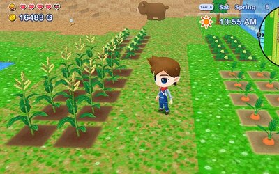 Figur zwischen Mais- und Möhrenbeet im Spiel "Harvest Moon®: The Lost Valley"; Bild: Natsume Inc" Figur zwischen Mais- und Möhrenbeet im Spiel "Harvest Moon®: The Lost Valley"; Bild: Natsume Inc"