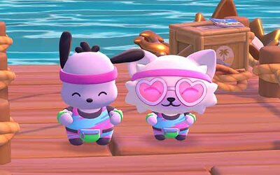Bunte Tierfiguren im Spiel "Hello Kitty Island Adventure"; Bild: Sunblink Rosane Tierfiguren stehen am Meer auf einem Steg ind lächeln im Spiel "Hello Kitty Island Adventure"; Bild: Sunblink