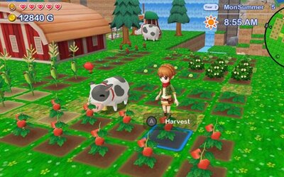 Kuh und Mädchen auf einer Farm im Spiel "Harvest Moon®: Skytree Village"; Bild: Platinum Egg Kuh und Mädchen auf einer Farm im Spiel "Harvest Moon®: Skytree Village"; Bild: Platinum Egg