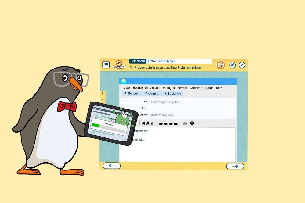 Eddie mit Tablet vor einem Lernmodul; Bild: Internet-ABC Eddie mit Tablet vor einem Lernmodul; Bild: Internet-ABC