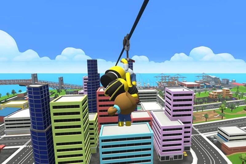 Figuren hängen an einem Seil im Spiel "Wobbly Life"; Bild: Solutions 2 GO Inc. Figuren hängen an einem Seil über einer Stadt.
