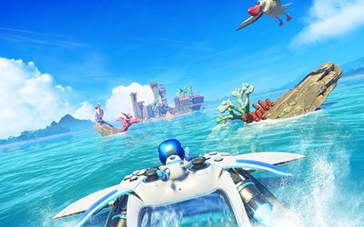 Figur fährt Boot auf einem Meer im Spiel "Astro Bot"; Bild: Sony Interactive Entertainment Europe