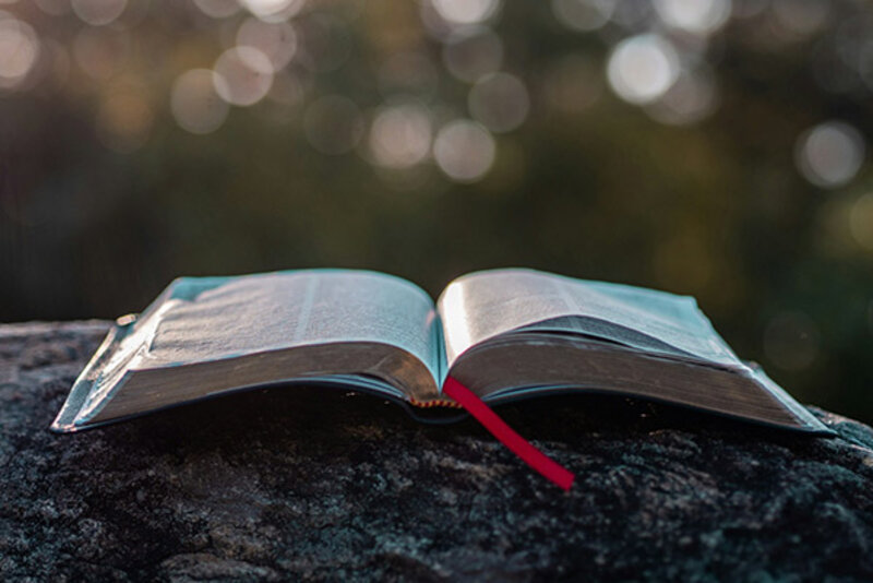Buchseiten auf grauem Stein während des Tages; Bild: Aaron Burden auf Unsplash Ein aufgeschlagendes Buch liegt auf einem Stein; Bild: Aaron Burden auf Unsplash