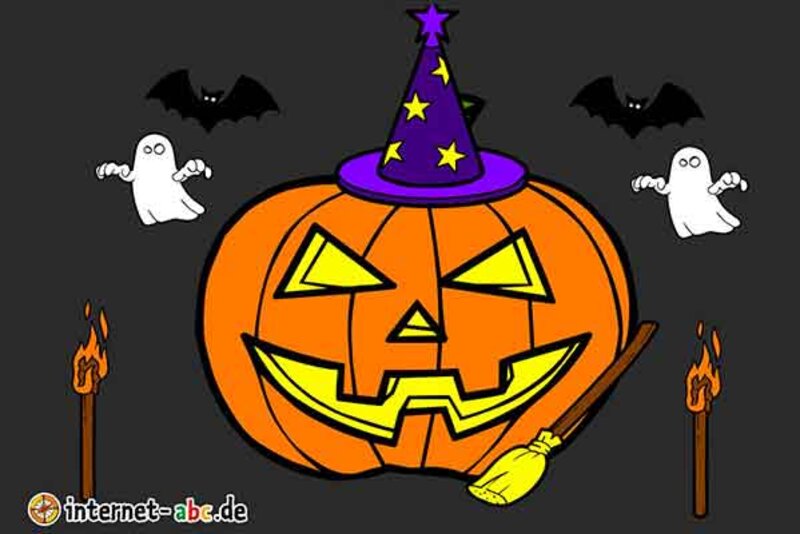 Halloween-Kürbis mit Gespenstern, Hexenbesen und Fackeln; Bild: Internet-ABC Halloween-Kürbis mit Gespenstern, Hexenbesen und Fackeln