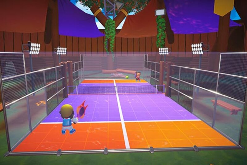 Figuren spielen Paddle im Spiel "Instant Sports 2"; Bild: Maximum Entertainment France Figuren spielen auf einem rot-lilanen Feld Paddle.