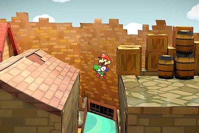 Paper Mario springt von Haus zu Haus; Bild: Nintendo.