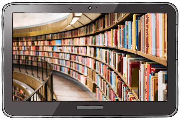 Tablet mit Bild von einem gebogenen Bücherregal.